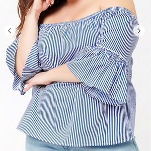 F21 Plus Blue White Pinstripe Off Shoulder Top